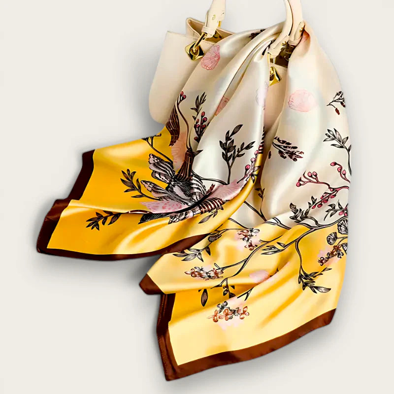 Large luxurious cream and yellow silk scarf with floral pattern