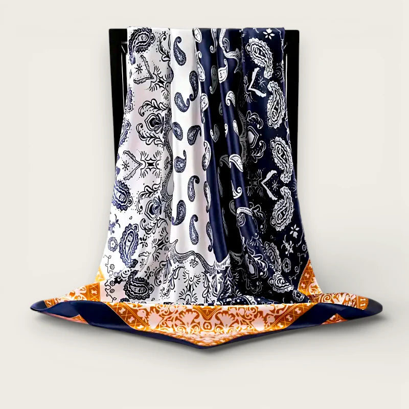 Large white blue paisley silk scarf with navy pattern and gold trim