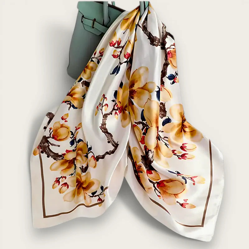 Large white floral scarf with golden-yellow magnolias and gold trim