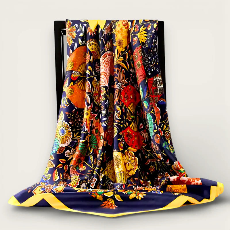 Large XXL navy blue silk scarf with vibrant floral fan motif