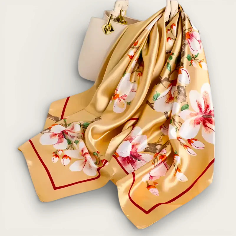 Large yellow scarf with golden silk, pink floral pattern and red borders