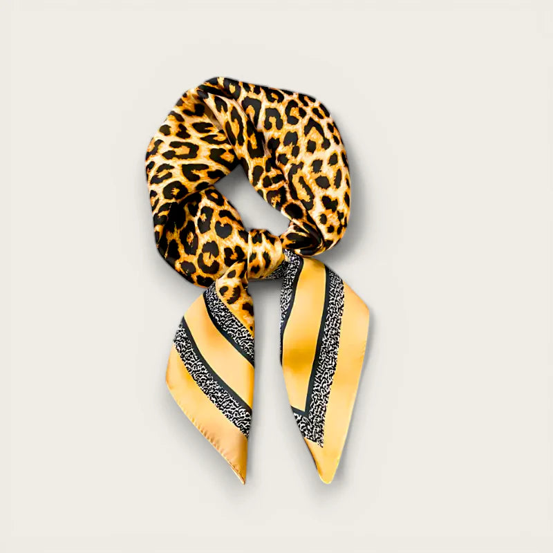 Leopard Silk Scarf: golden-yellow with bold leopard print and striped ends