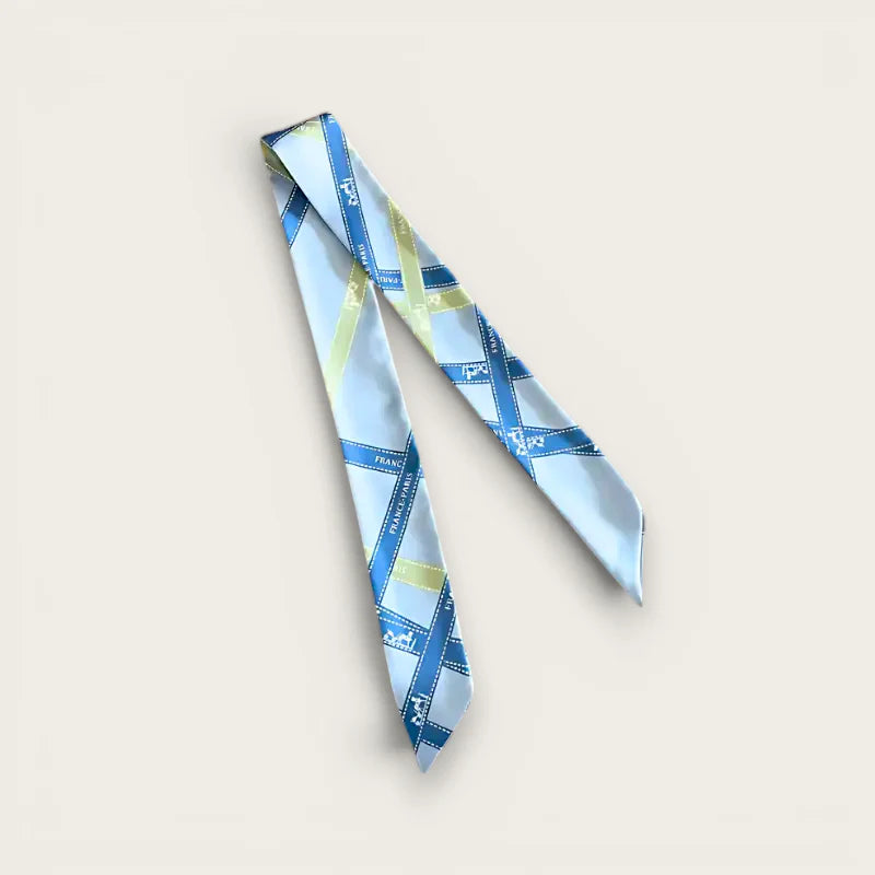 Light blue silk Light Bag Scarf tie with navy yellow stripes France text logos