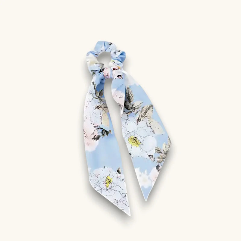 Light Blue Scarf Scrunchie with delicate floral satin finish and ribbon tails