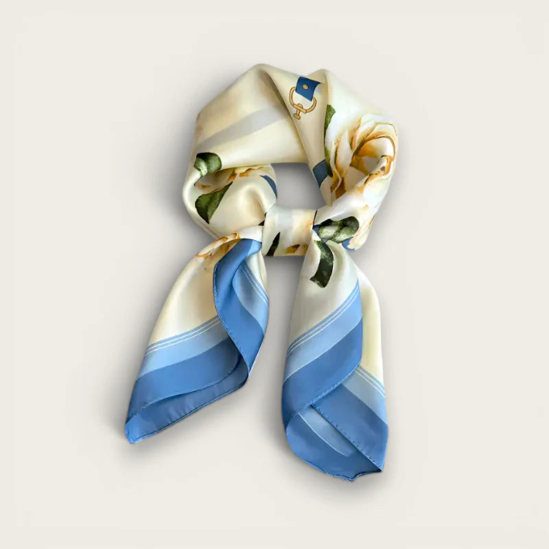 Light Blue Silk Scarf: cream silk with floral pattern and blue stripes