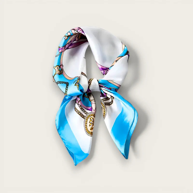 Lightweight Scarf: vibrant blue white silk with gold purple pink chain-link pattern