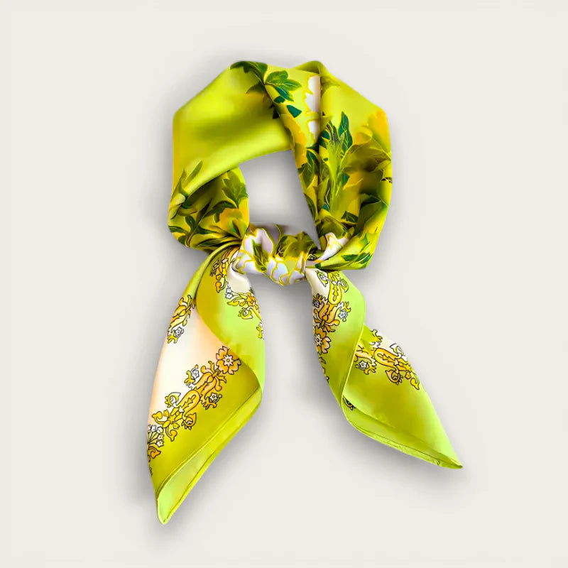 Lime Green Silk Scarf with vibrant floral pattern in elegant knot