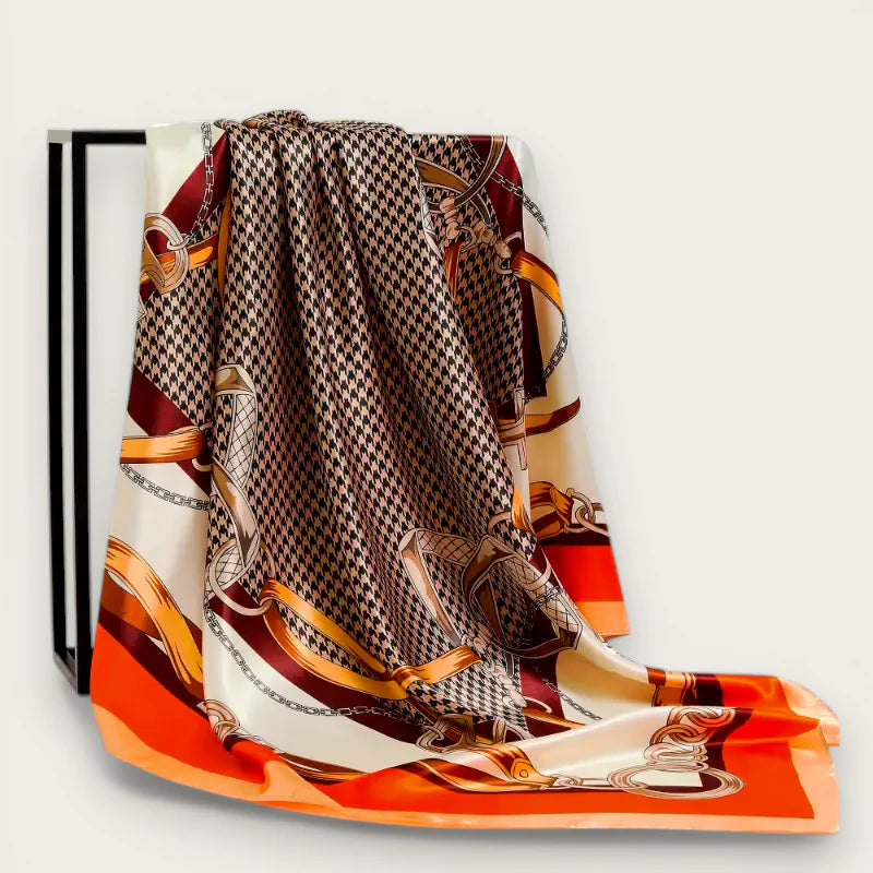 Long satin scarf with houndstooth, gold chains, orange stripes in burgundy cream
