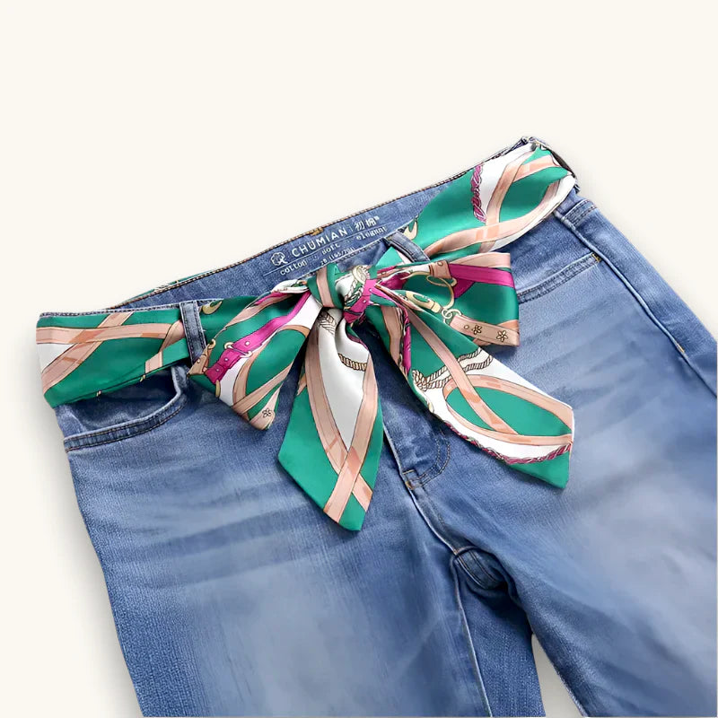 Long scarf belt: vibrant green silk with pink beige geometric patterns on jeans
