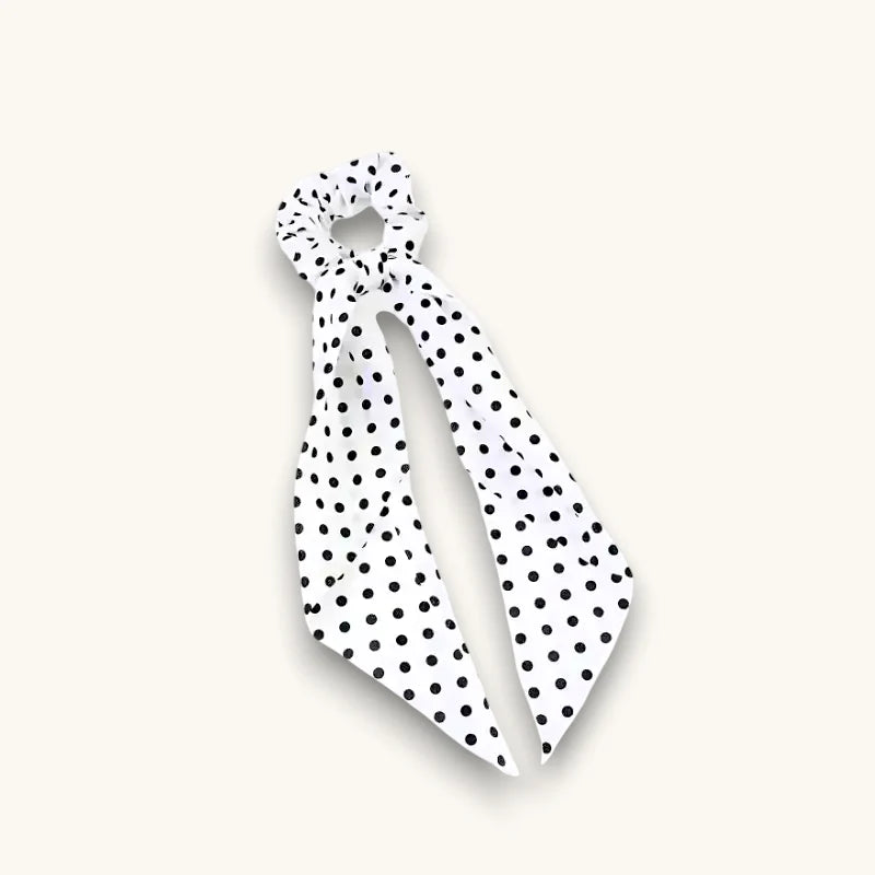 Long Scarf Scrunchie in white polka dot fabric with black dots and tied bow