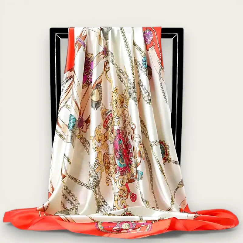 Luxury large scarf in cream silk with ornate chain print