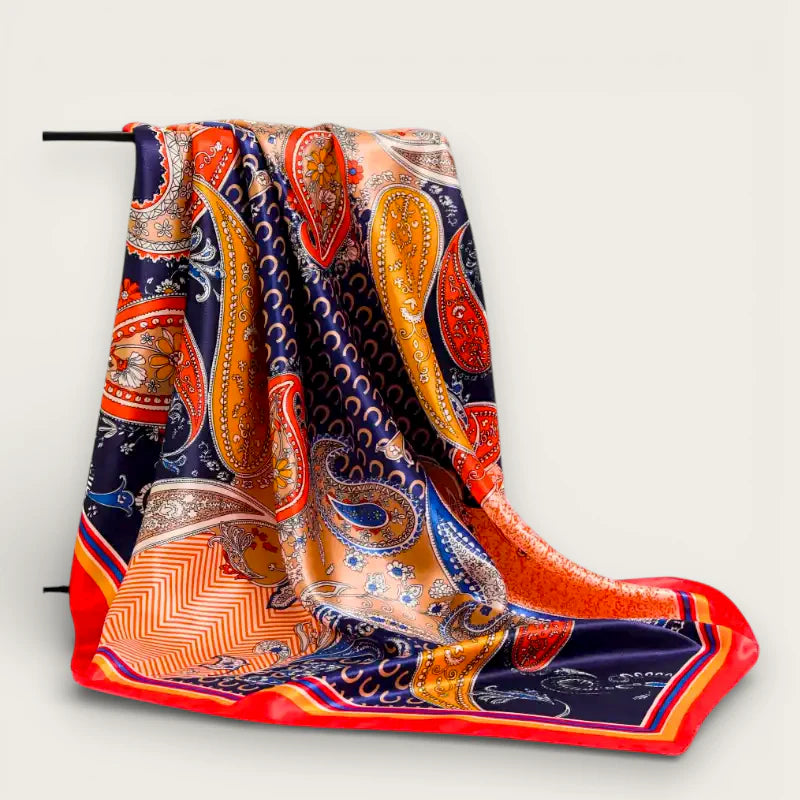 Luxury large silk scarf with vibrant navy paisley pattern