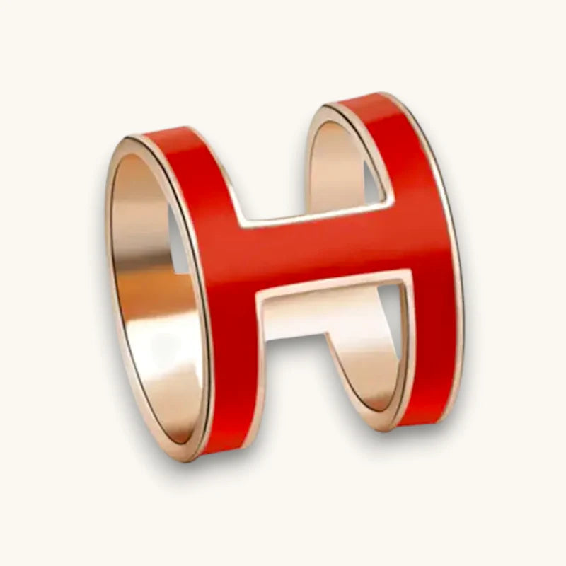 Luxury Scarf Ring: red enamel H-shaped with rose gold-tone edges