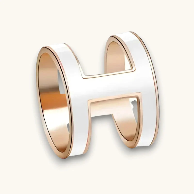 Luxury Scarf Ring: sleek white and rose gold H-shaped enamel ring