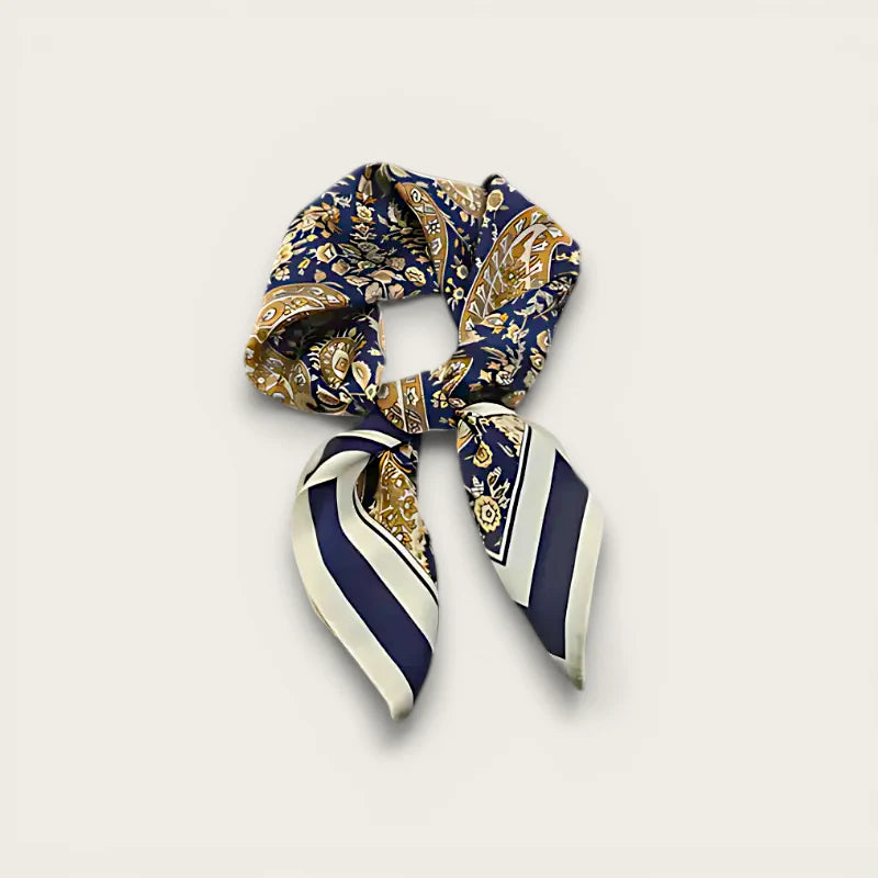 Luxury Square Scarf in navy blue gold paisley silk with knot and stripes