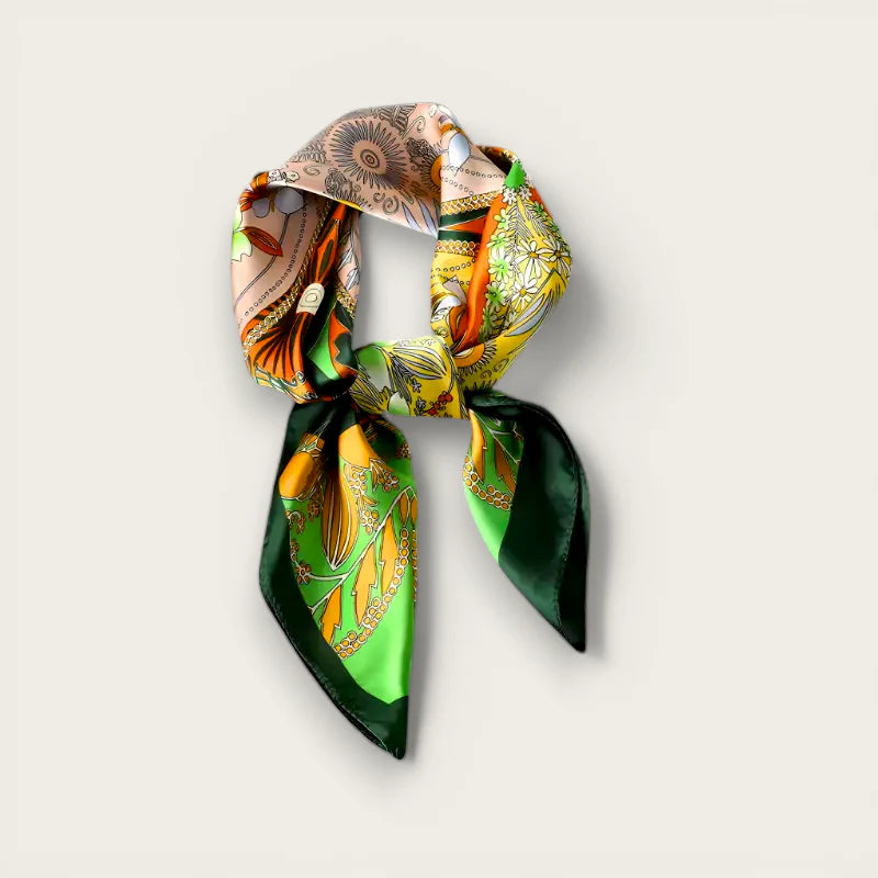 Luxury womens silk scarf with vibrant green floral pattern