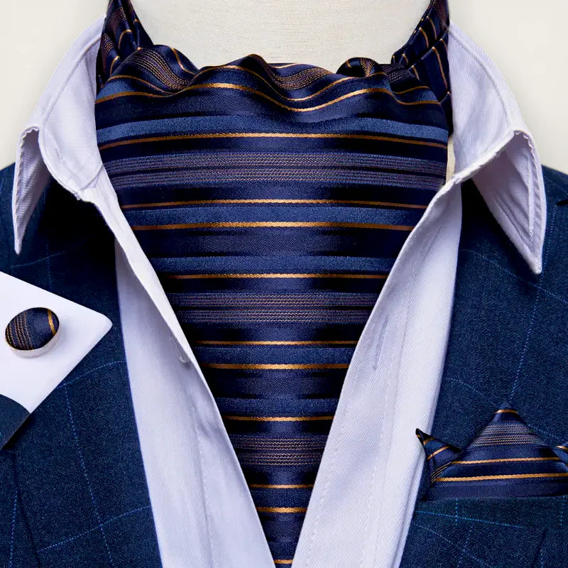 Mens navy blue and gold striped silk ascot scarf on white shirt