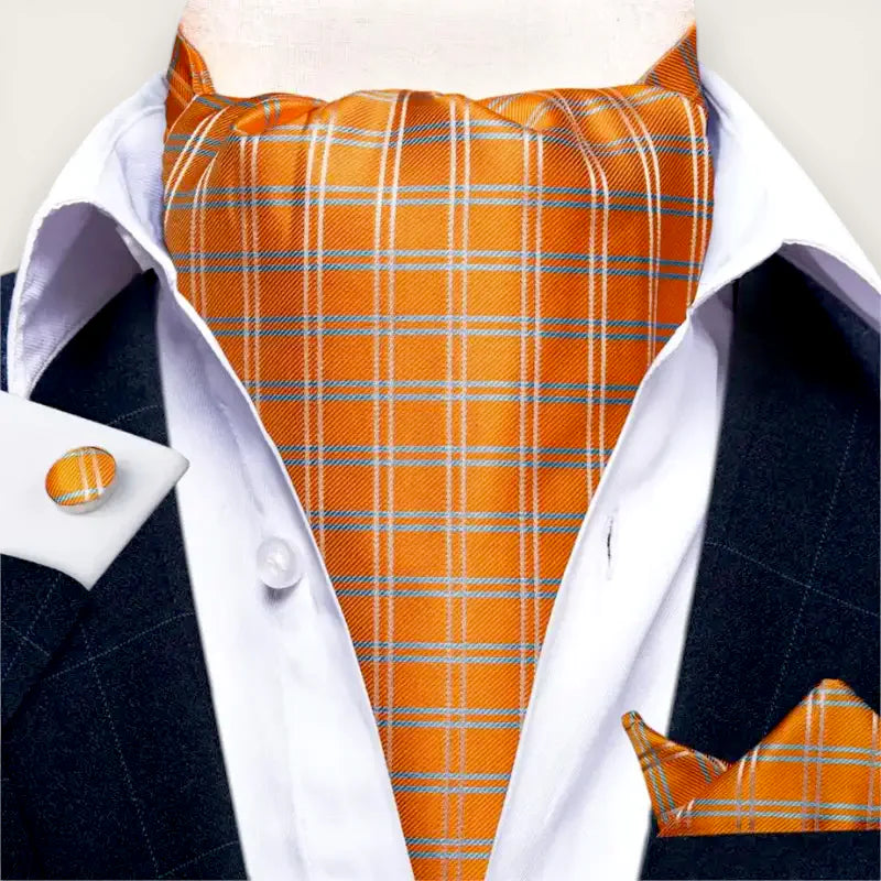 Vibrant orange plaid mens ascot tie with white gray stripes silk fabric