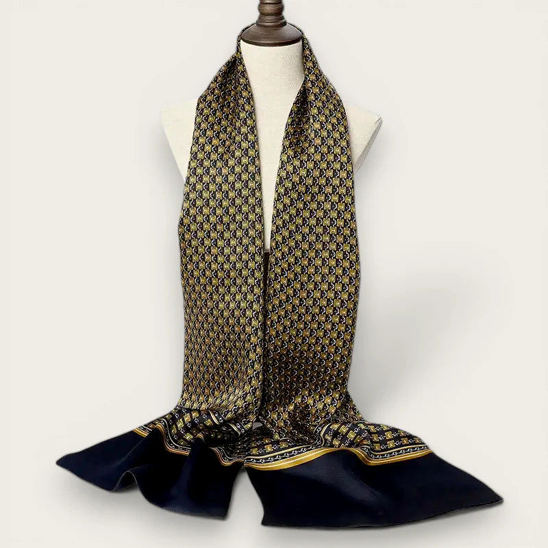 Mens black and gold pattern silk scarf with navy velvet hem