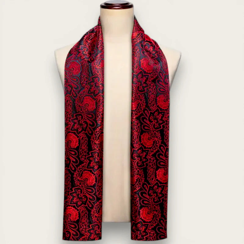 Mens black and red floral silk scarf in paisley pattern on mannequin