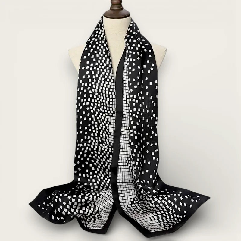 Mens black long silk scarf with white geometric dot pattern