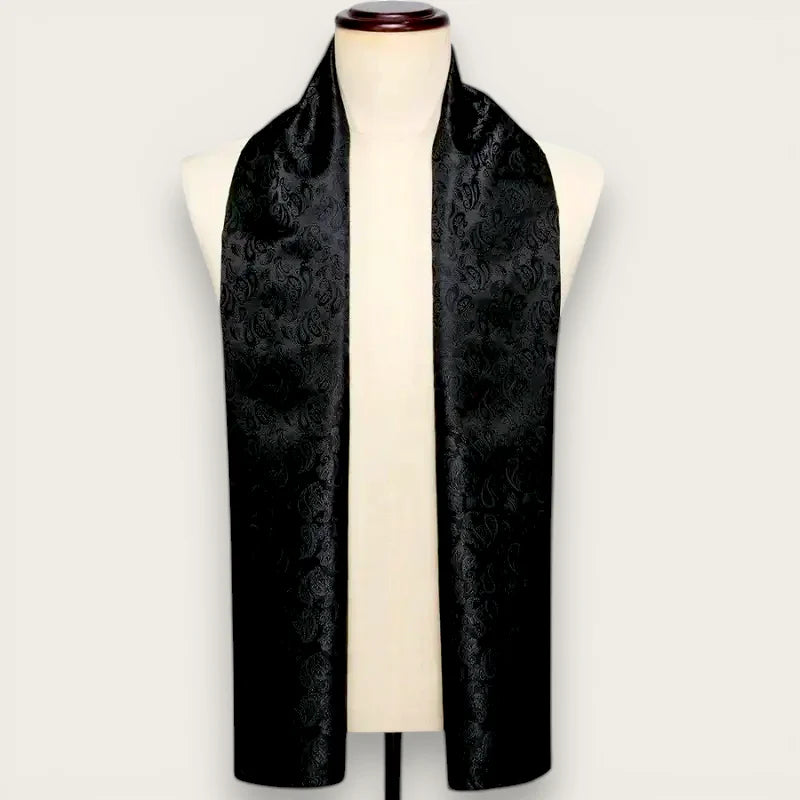 Mens black silk scarf with subtle paisley pattern on satin