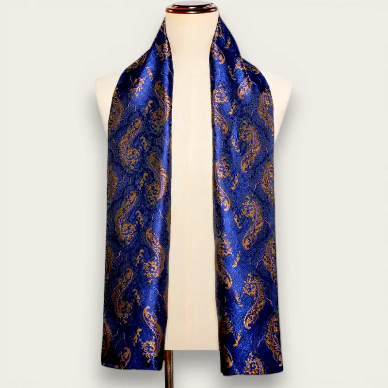 Mens blue long silk scarf in rich royal blue with gold paisley patterns