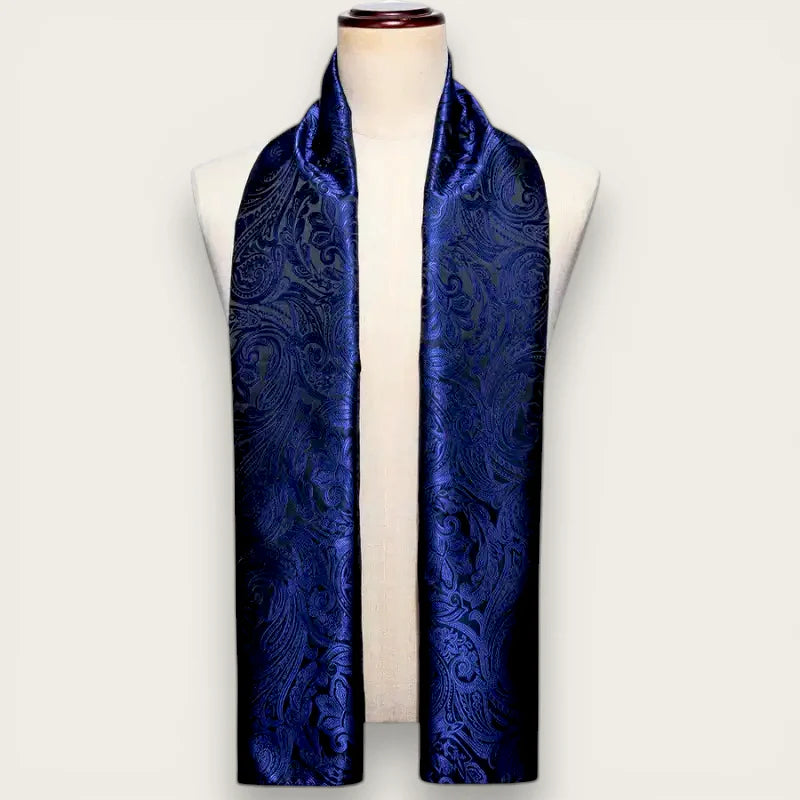 Mens blue paisley silk scarf in rich royal blue satin with navy pattern