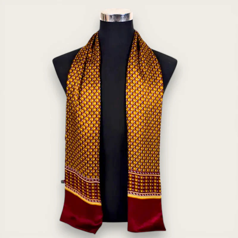 Mens Bronze Silk Scarf: gold and burgundy geometric pattern on black mannequin