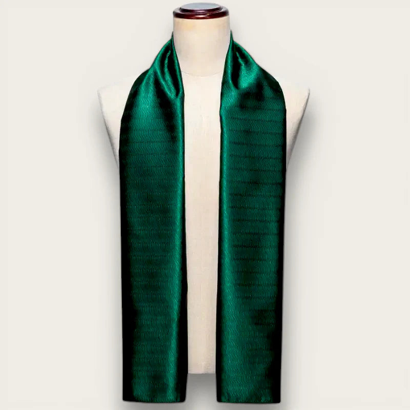 Mens dark green silk scarf with emerald sheen and vertical ribbing on mannequin