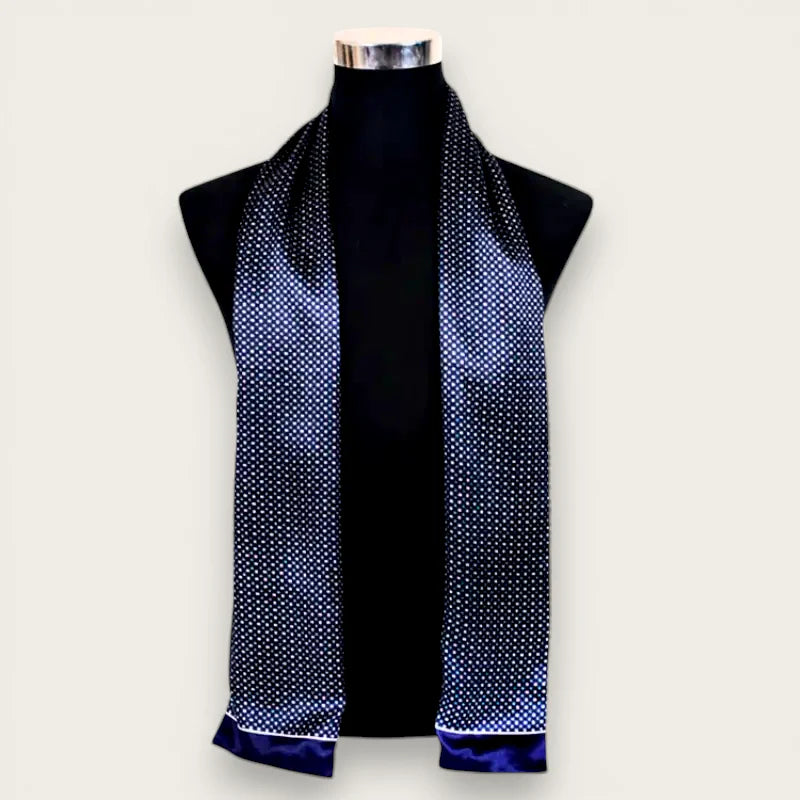Mens evening silk scarf in navy blue with white polka dots