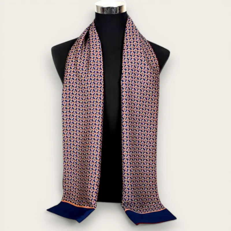 Mens formal silk scarf in navy blue with pink gold paisley pattern