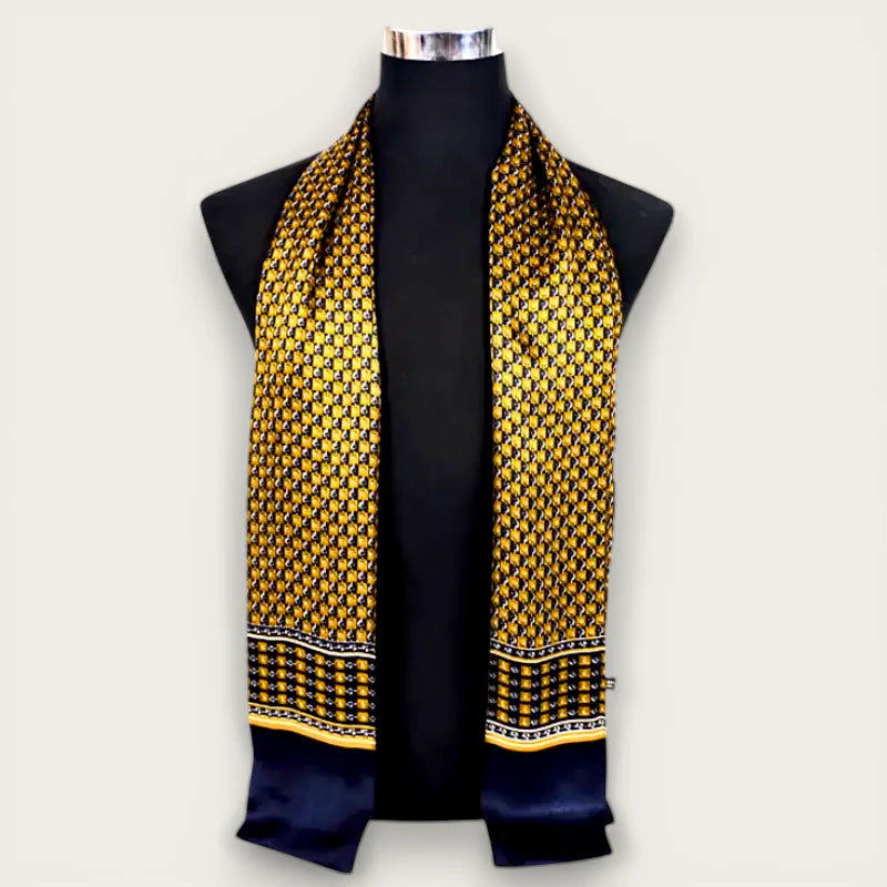 Mens gold long silk scarf in luxurious gold black pattern with navy satin border