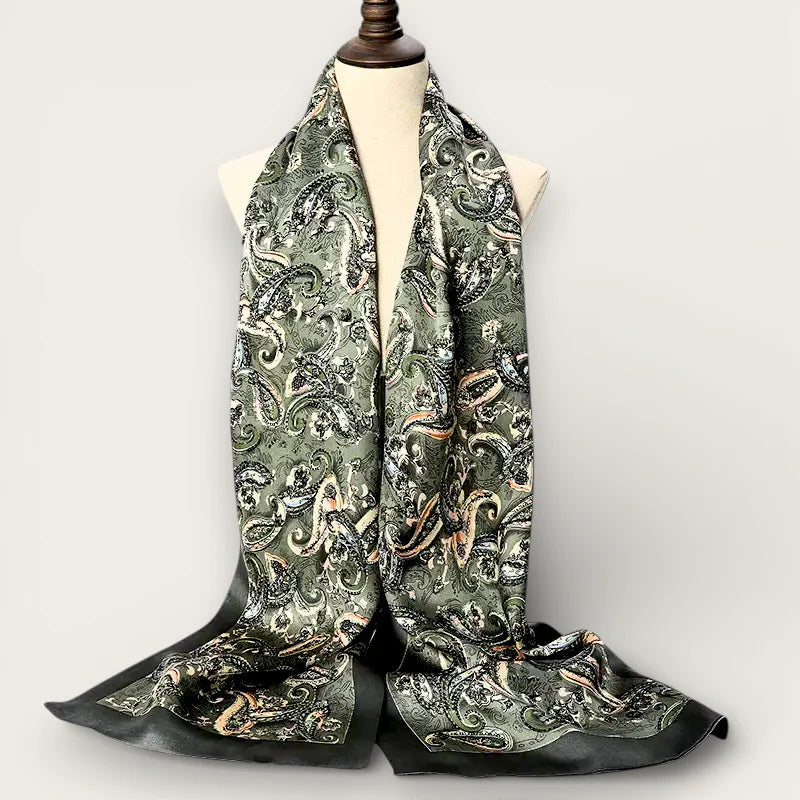 Mens green long silk scarf in olive with black silver gold paisley