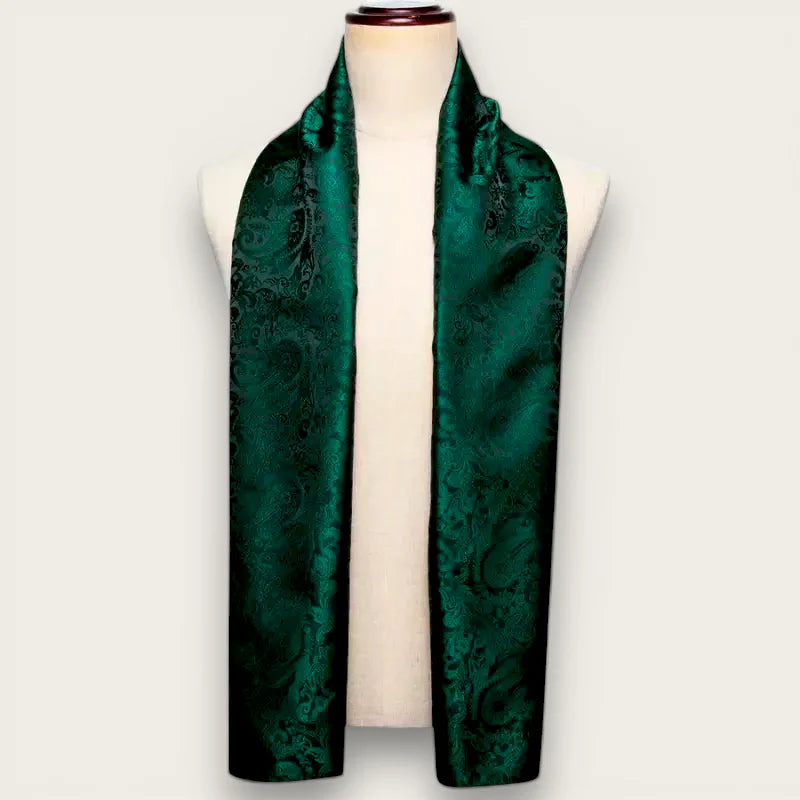 Mens green silk scarf: emerald satin with dark paisley draped on mannequin