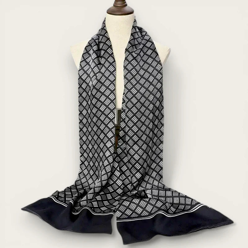 Mens grey long silk scarf with black white geometric pattern navy border