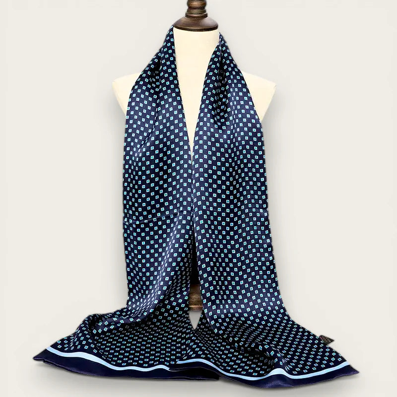 Mens light silk scarf in navy blue with light blue geometric squares