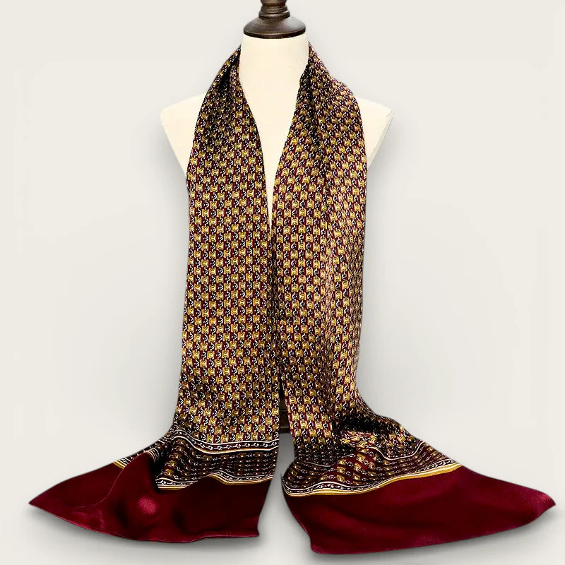 Mens long burgundy silk scarf with maroon gold pattern and velvet trim