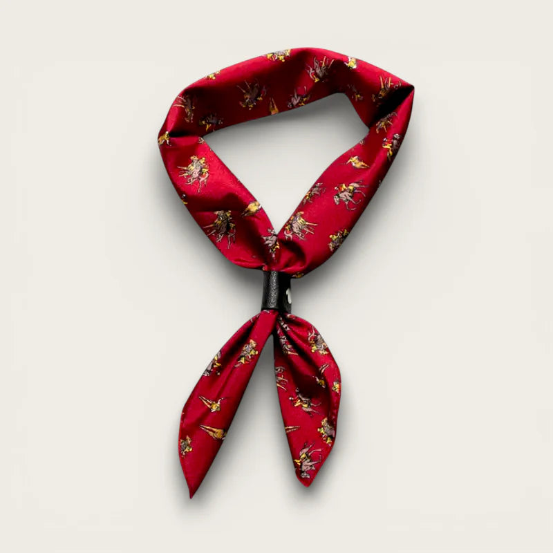 Mens neckerchief: red silk scarf with golden brown horseback riders pattern