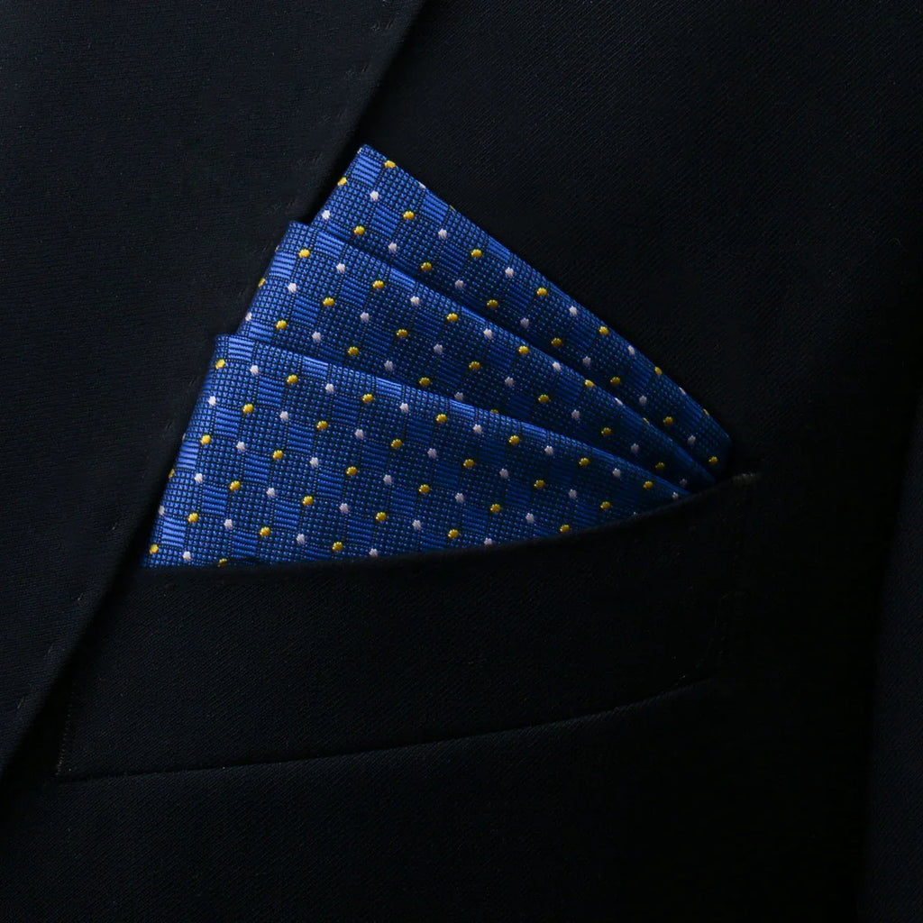 Mens pocket square: navy blue with gold white polka dots texture