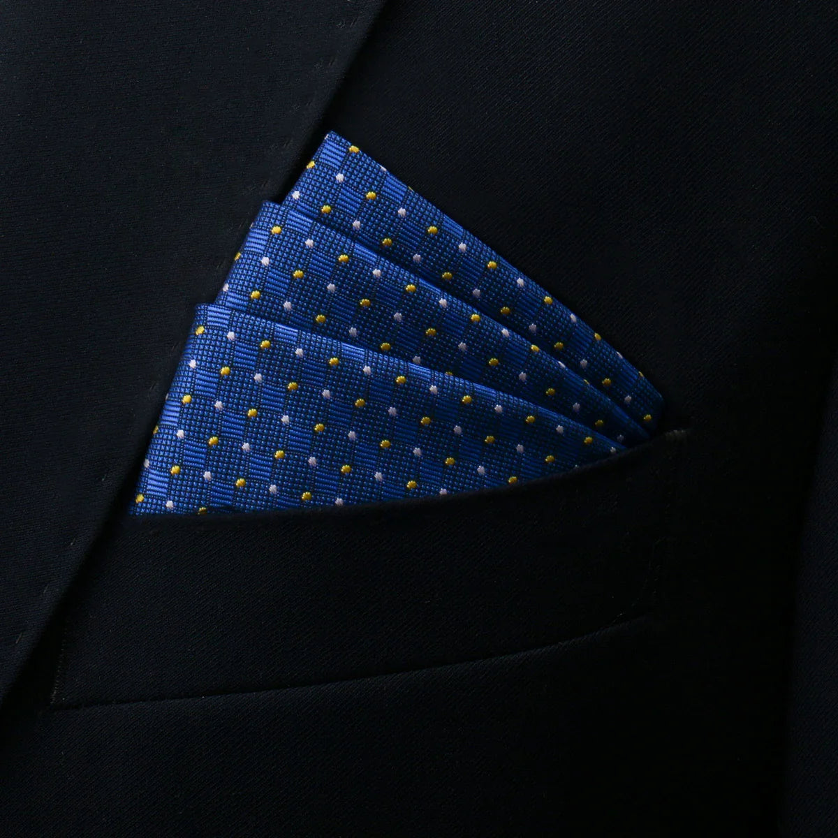 Mens pocket square: navy blue with gold white polka dots texture