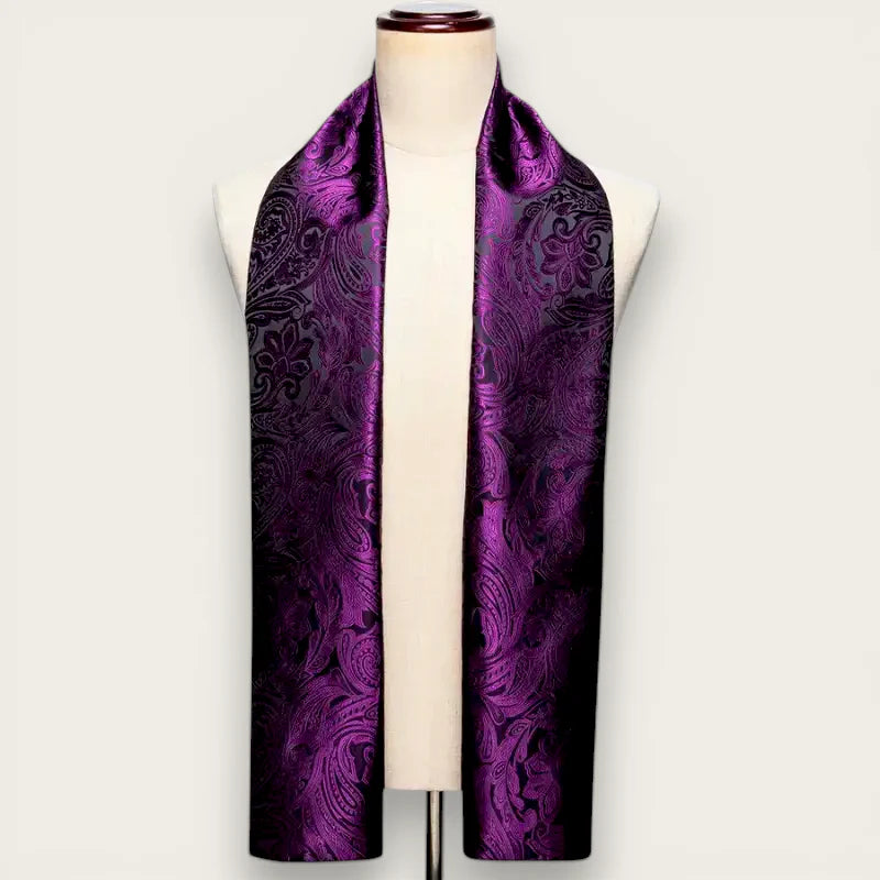 Mens purple and black silk scarf with rich satin paisley pattern on mannequin