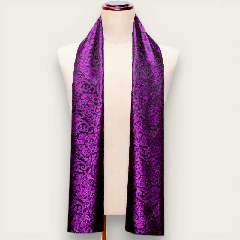 Mens purple silk scarf with rich satin paisley pattern on mannequin