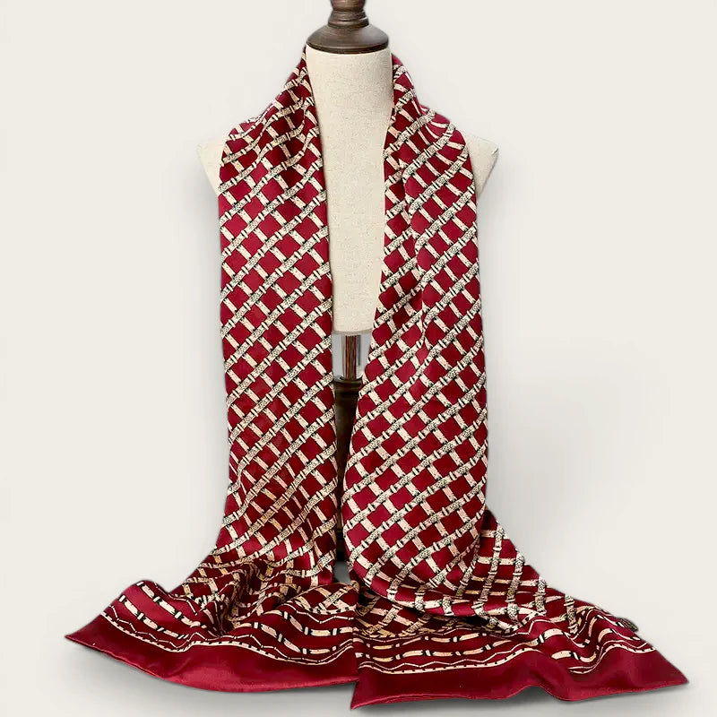 Mens red silk scarf: luxurious burgundy with cream gold geometric pattern