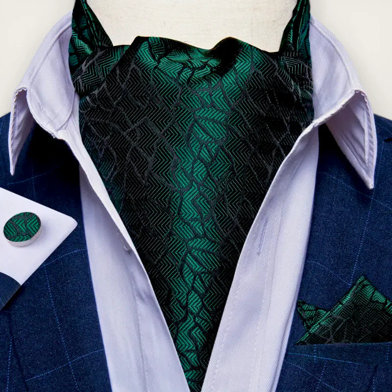 Mens silk ascot tie: emerald green black patterned cravat geometric weave