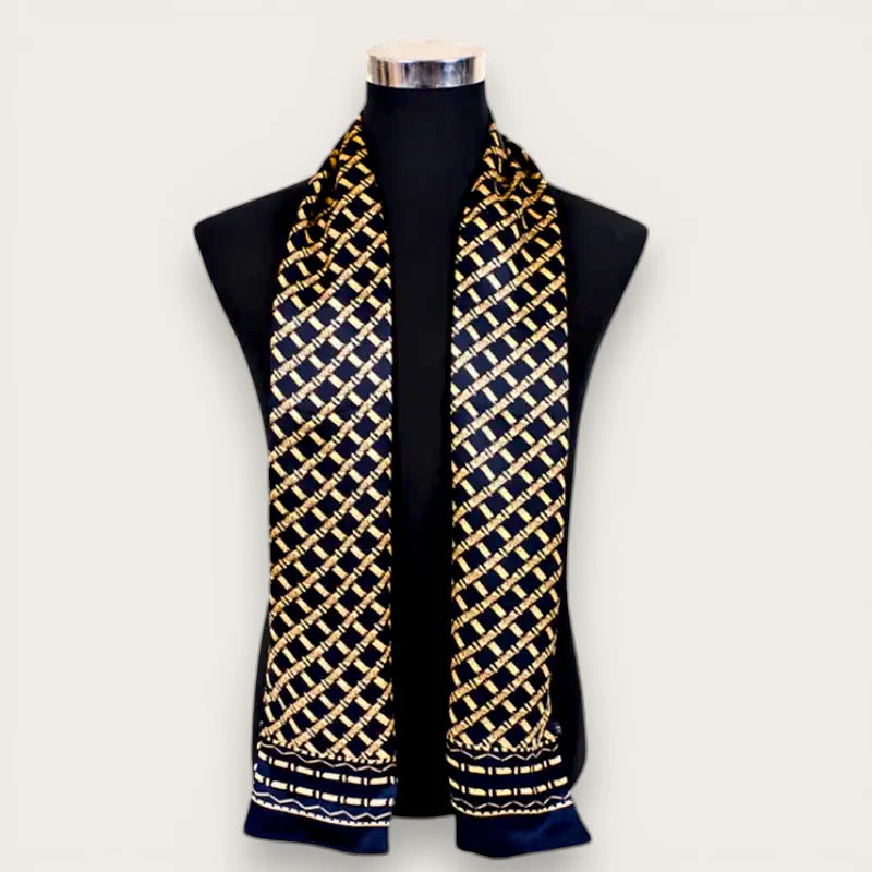 Elegant navy blue Mens Silk Neck Scarf with gold geometric lattice pattern