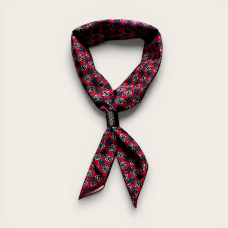Mens silk neckerchief: red silk scarf with dark blue gray abstract pattern knot