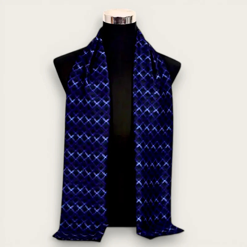 Mens silk opera scarf in deep blue velvet with light blue geometric lattice