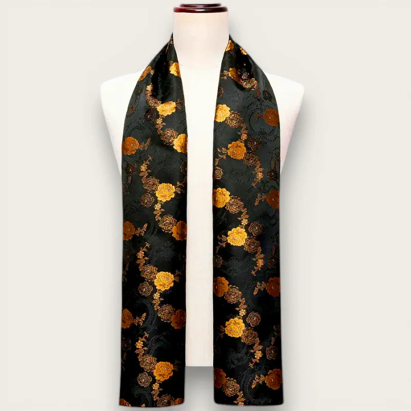 Elegant mens black silk paisley scarf with golden floral patterns