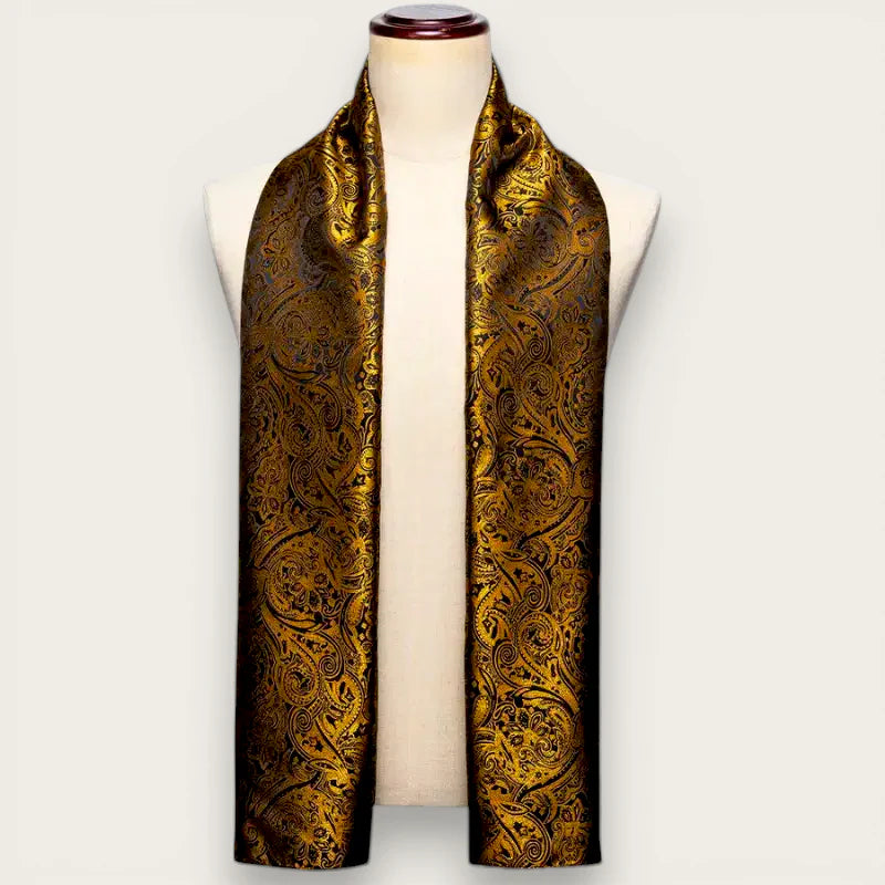 Mens silk scarf gold paisley pattern on mannequin